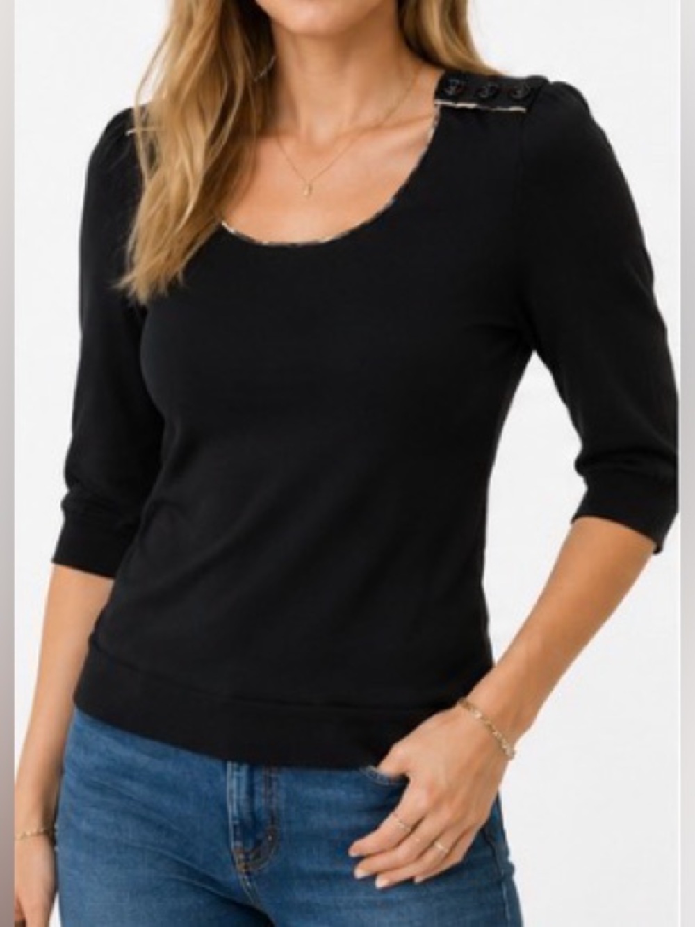 Burberry Black Scoop Neck Sweater with Button-Shoulder Detail